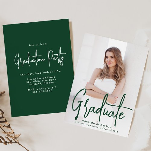 Handwritten Green Script Photo Graduation Party Invitation