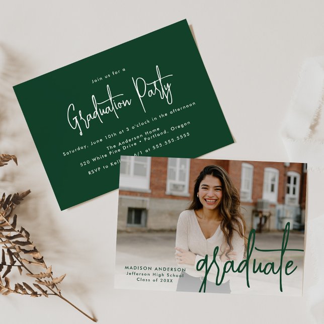 Handwritten Green Script Photo Graduation Party Invitation (Creator Uploaded)