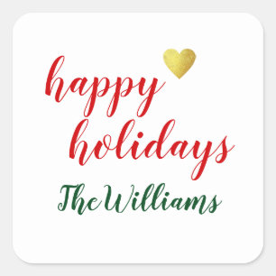 handwritten happy holidays + family name, xmas  square sticker