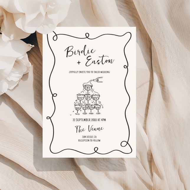 Handwritten Illustrated Champagne Tower Wedding Invitation (Creator Uploaded)