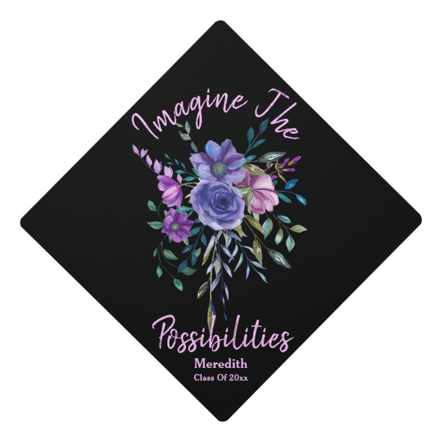 Handwritten "Imagine The Possibilities" Floral Graduation Cap Topper (Front)