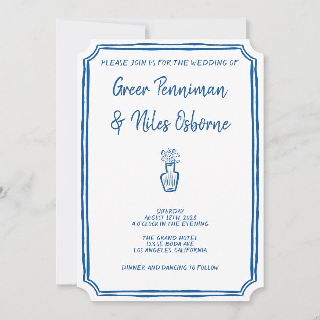 Handwritten La Dolce Vita Italian Blue Wedding Invitation (Front)