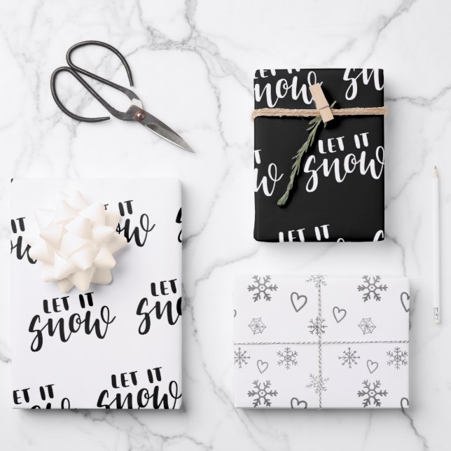 Handwritten Let it Snow Snowflakes Black and White Wrapping Paper Sheets (Front)