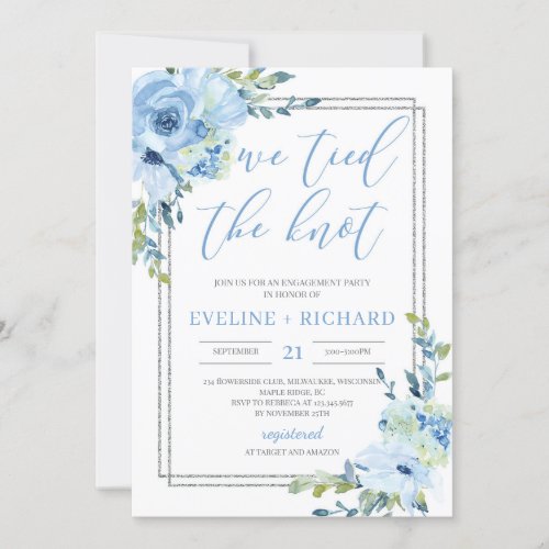 Handwritten lettering blue floral tied the knot invitation