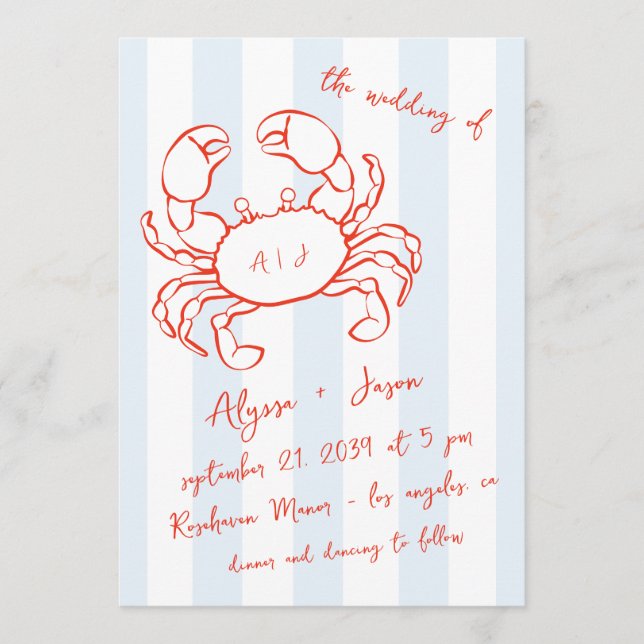 Handwritten Lobster Nautical Red Blue Wedding Invitation (Front)
