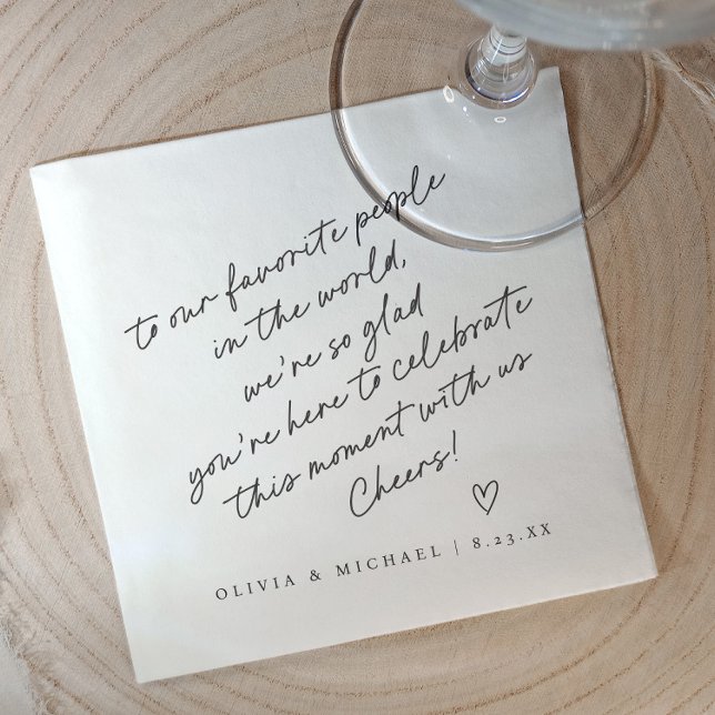 Handwritten love note style heart wedding napkins (Handwritten note wedding napkins - cocktail napkins for wedding reception.)