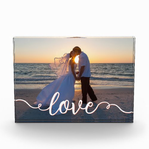 Handwritten Love Script Sunset Beach Wedding Photo
