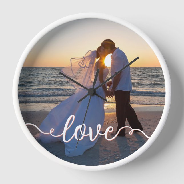 Handwritten Love Script Sunset Beach Wedding Photo Clock (Front)