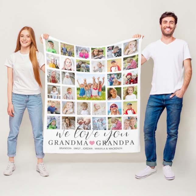 Handwritten Love You Grandma Grandpa 33 Photo Fleece Blanket (In Situ)