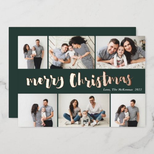 Handwritten Merry Christmas 6 Photo Rose Gold Foil Holiday Card