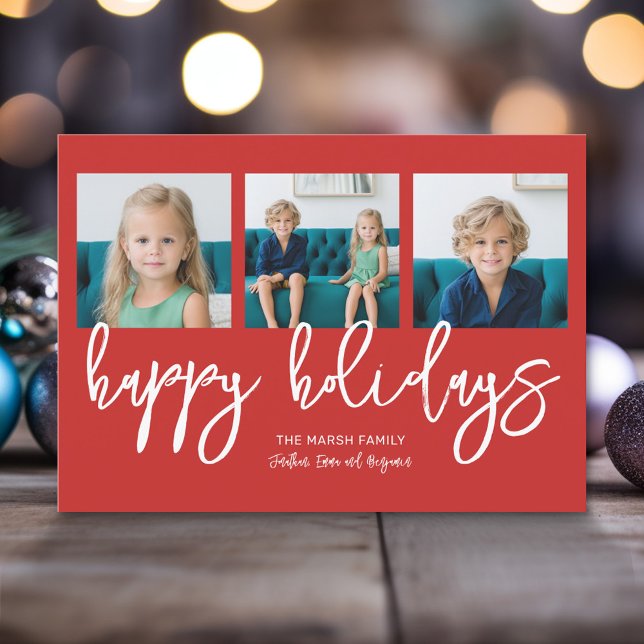 Handwritten Merry Christmas Calligraphy 3 Photos Holiday Card (Modern Christmas Photo Greeting Card)