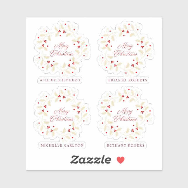 Handwritten Merry Christmas Holly Branches Wreath Sticker (Sheet)