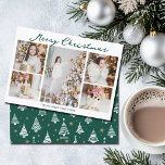 Handwritten Merry Christmas Photo Collage 2025 Holiday Card<br><div class="desc">Trendy holiday cards with chic handwritten scrawl MERRY CHRISTMAS above your family photo collage of your 5 favorite 2025 pictures. The beautiful emerald green back features a pattern of white hand drawn pine and fire trees. Modern elegant Christmas cards featuring one vertical photograph in the center and 4 square pictures...</div>