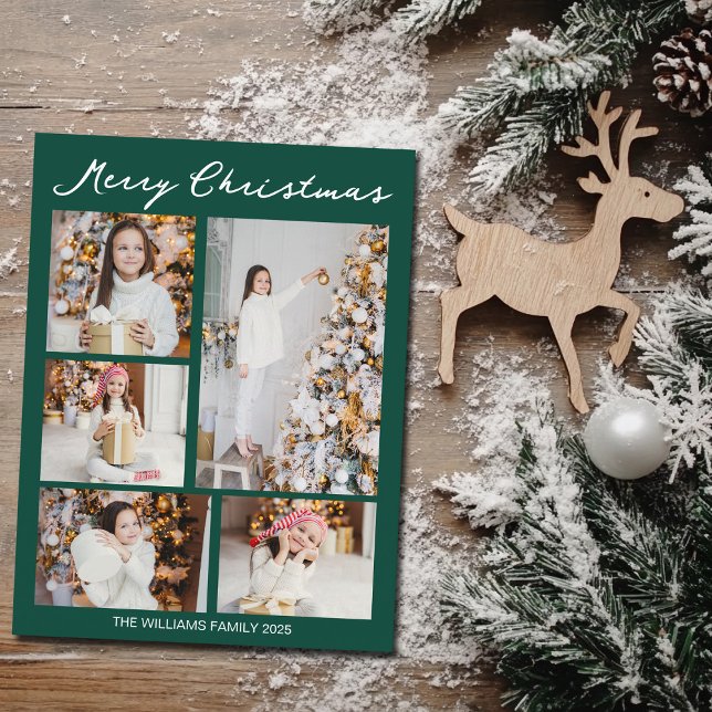 Handwritten Merry Christmas Photo Collage Green Holiday Postcard (Creator Uploaded)