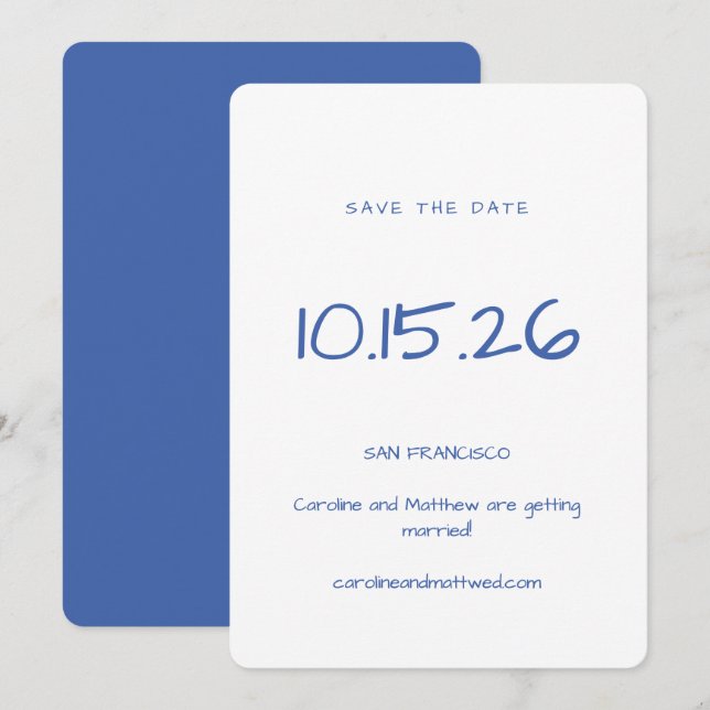 Handwritten Minimalist Blue White Elegant Wedding Save The Date (Front/Back)