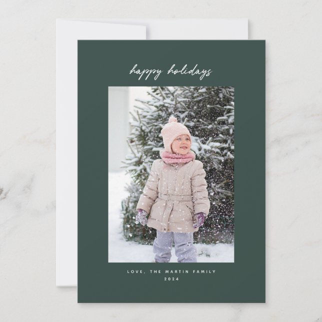 Handwritten Minimalist Green Holiday Photo Card (Front)