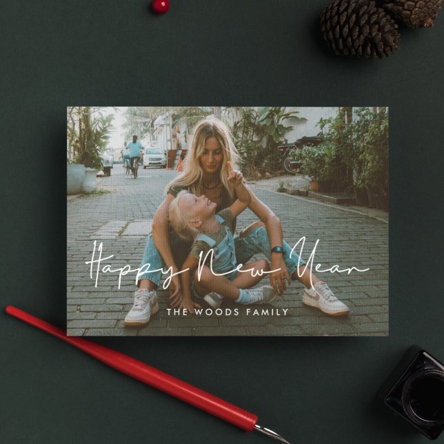 Handwritten minimalist Happy New Year photo Holiday Postcard (Creator Uploaded)