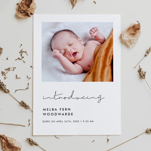 Handwritten minimalist Introducing new baby photo Announcement (Creator Uploaded)