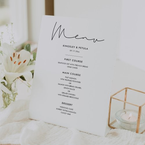 Handwritten minimalist wedding menu pedestal sign