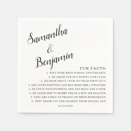 Handwritten Modern Black  White Fun Facts Wedding Napkins