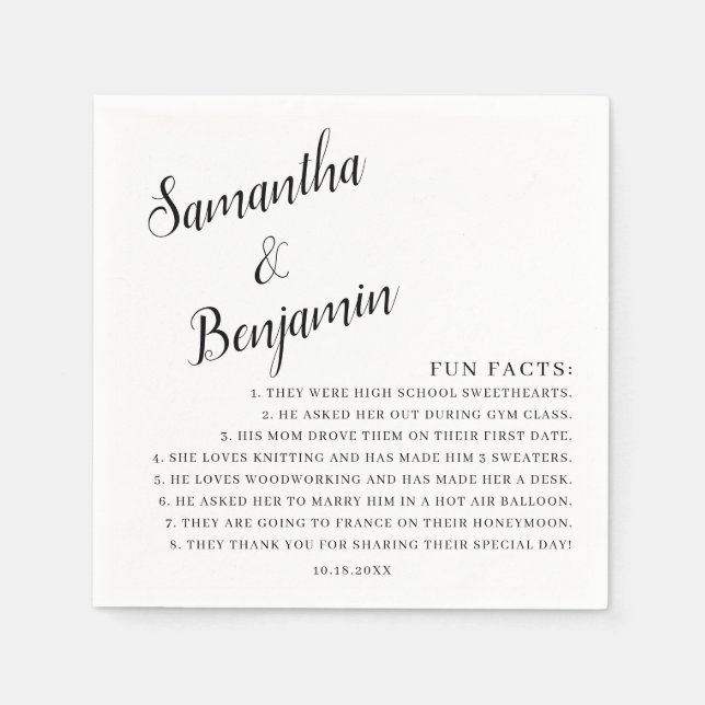 Handwritten Modern Black & White Fun Facts Wedding Napkins (Front)