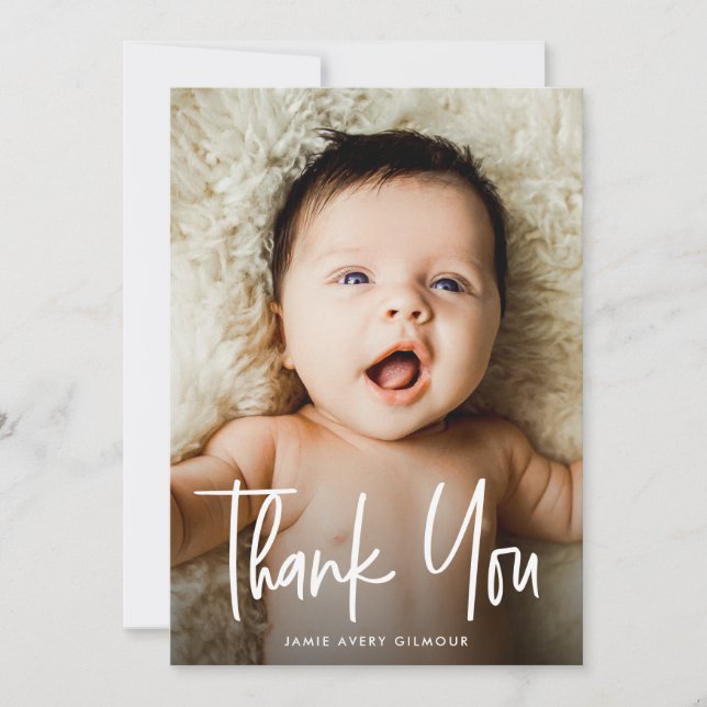 Handwritten Modern Minimalist New Baby Photo Thank You Card (Front)