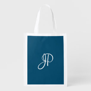 Handwritten Monogram Custom Template Ocean Blue Grocery Bag