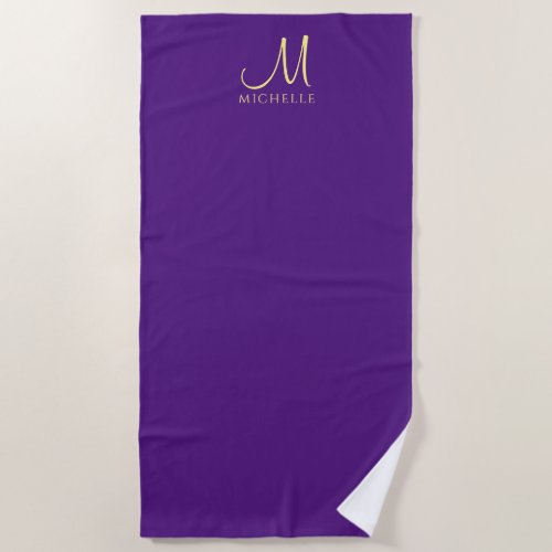 Handwritten Monogram Name Royal Purple  Gold Beach Towel