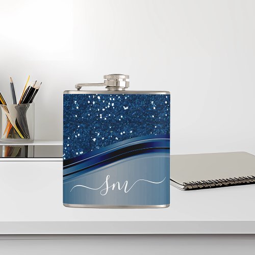 Handwritten Monogram Navy Blue  Metal Glitter  Flask