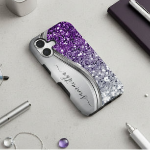 Handwritten Monogram Purple Silver Glitter Samsung Galaxy S22 Case