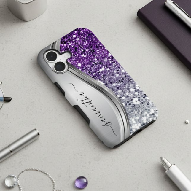 Handwritten Monogram Purple Silver Glitter  Samsung Galaxy Case (Creator Uploaded)