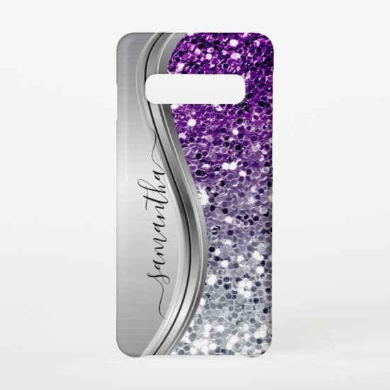 Handwritten Monogram Purple Silver Glitter  Samsung Galaxy S10 Case