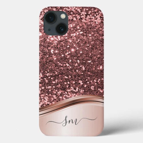 Handwritten Monogram Rose Gold Metal Glitter Case_ iPhone 13 Case