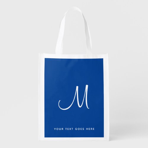 Handwritten Monogram Trendy Elegant Royal Blue Grocery Bag