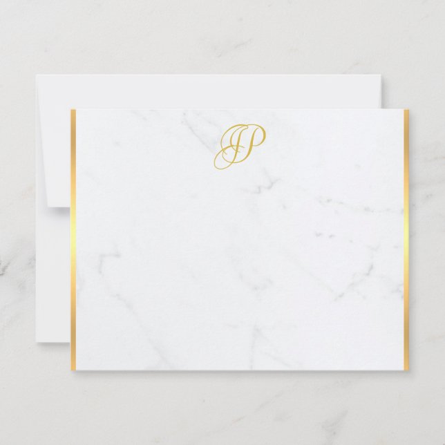 Handwritten Monogrammed Gold Marble Modern Note Card (Front)