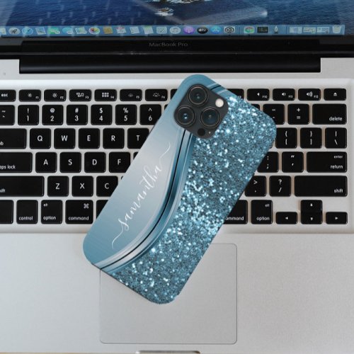 Handwritten Name Blue Metal Glitter Look 13  Case_Mate iPhone 14 Plus Case