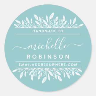 Handwritten Name Blue & White Botanical Handmade Classic Round Sticker