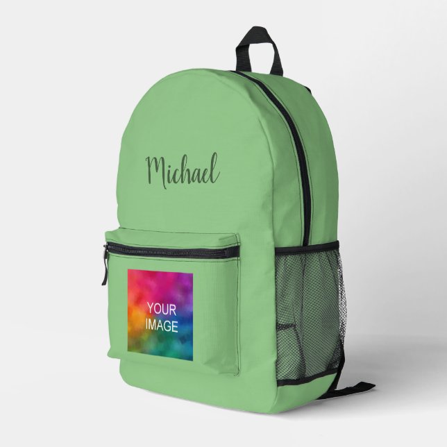 Handwritten Name Custom Sage Green Solid Color Printed Backpack (Back Corner Right)