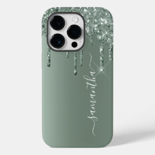 Handwritten Name Dark Green Metal Glitter Look Case-Mate iPhone 14 Pro Case
