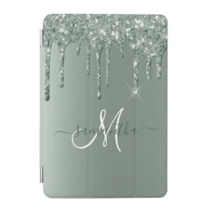 Handwritten Name Dark Green Metal Glitter Monogram iPad Mini Cover