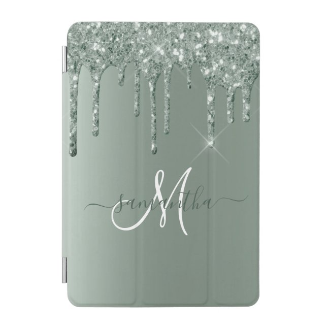 Handwritten Name Dark Green Metal Glitter Monogram iPad Mini Cover (Front)