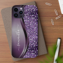 Handwritten Name Glam Purple Metal Glitter  iPhone 12 Case