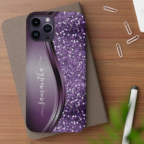 Handwritten Name Glam Purple Metal Glitter  iPhone 12 Case