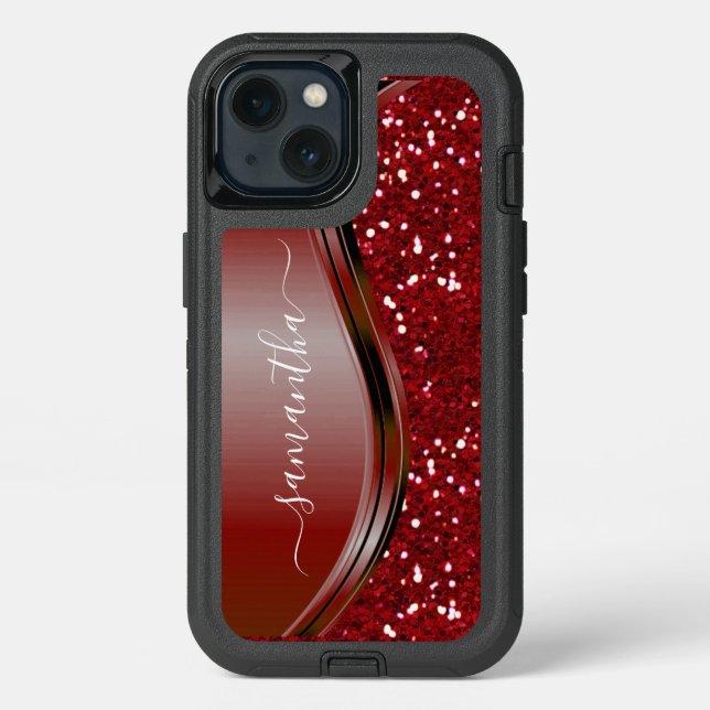 Handwritten Name Glam Red Metal Glitter  Otterbox iPhone Case (Back)