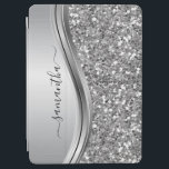 Handwritten Name Glam Silver Metal Glitter iPad Air Cover<br><div class="desc">This design may be personalized in the area provided by changing the photo and/or text. Or it can be customized by clicking Personalize this Template and then choosing the click to customize further option and delete or change the color of the background, add text, change the text color or style,...</div>