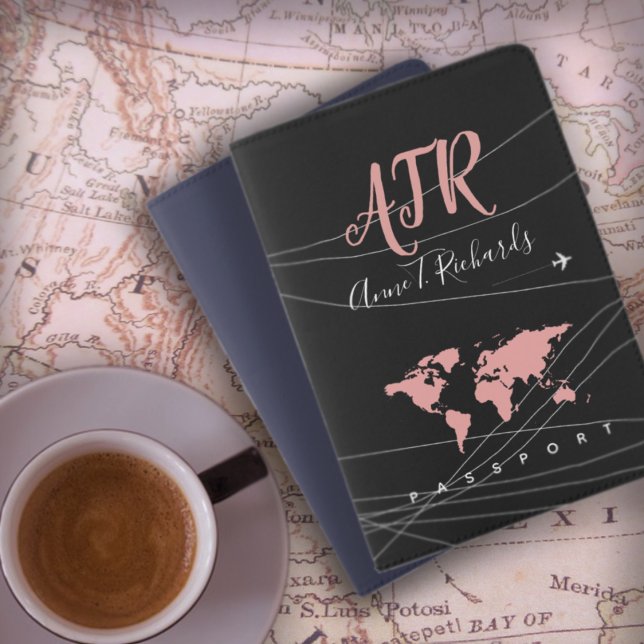handwritten name, initials, world map + lines passport holder (Creator Uploaded)