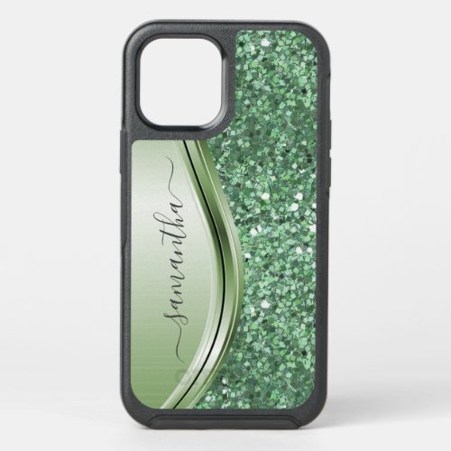 Handwritten Name Mint Green Metal Glitter Look OtterBox Symmetry iPhone 12 Case