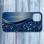 Handwritten Name Navy Blue  Metal Glitter 12 iPhone 15 Case<br><div class="desc">This design may be personalized in the area provided by changing the photo and/or text. Or it can be customized by clicking Personalize this Template and then choosing the click to customize further option and delete or change the color of the background, add text, change the text color or style,...</div>