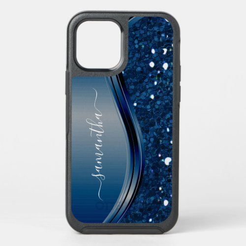 Handwritten Name Navy Blue  Metal Glitter 12 OtterBox Symmetry iPhone 12 Case