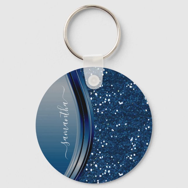 Handwritten Name Navy Blue  Metal Glitter  Keychain (Front)